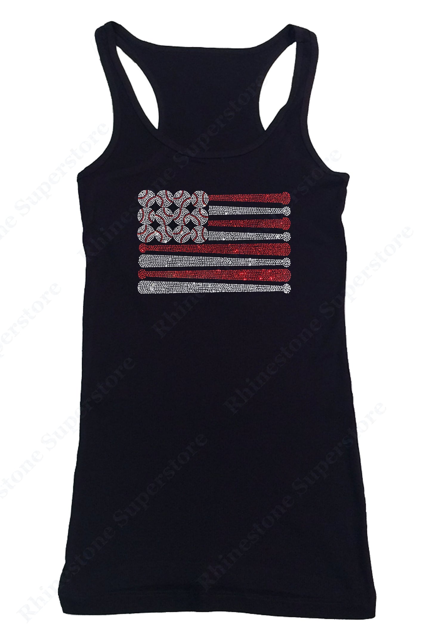 Womens T-shirt with Baseball Bats & Balls Flag in Rhinestones