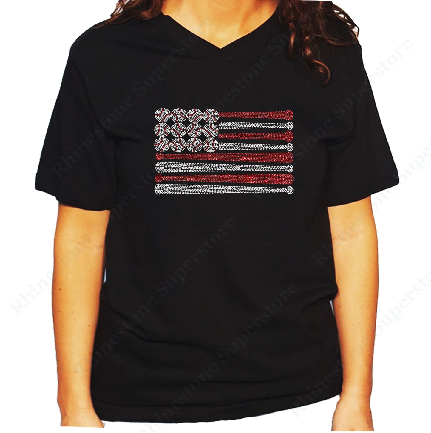 Women's / Unisex T-Shirt with Baseball Bats & Balls Flag in Rhinestones