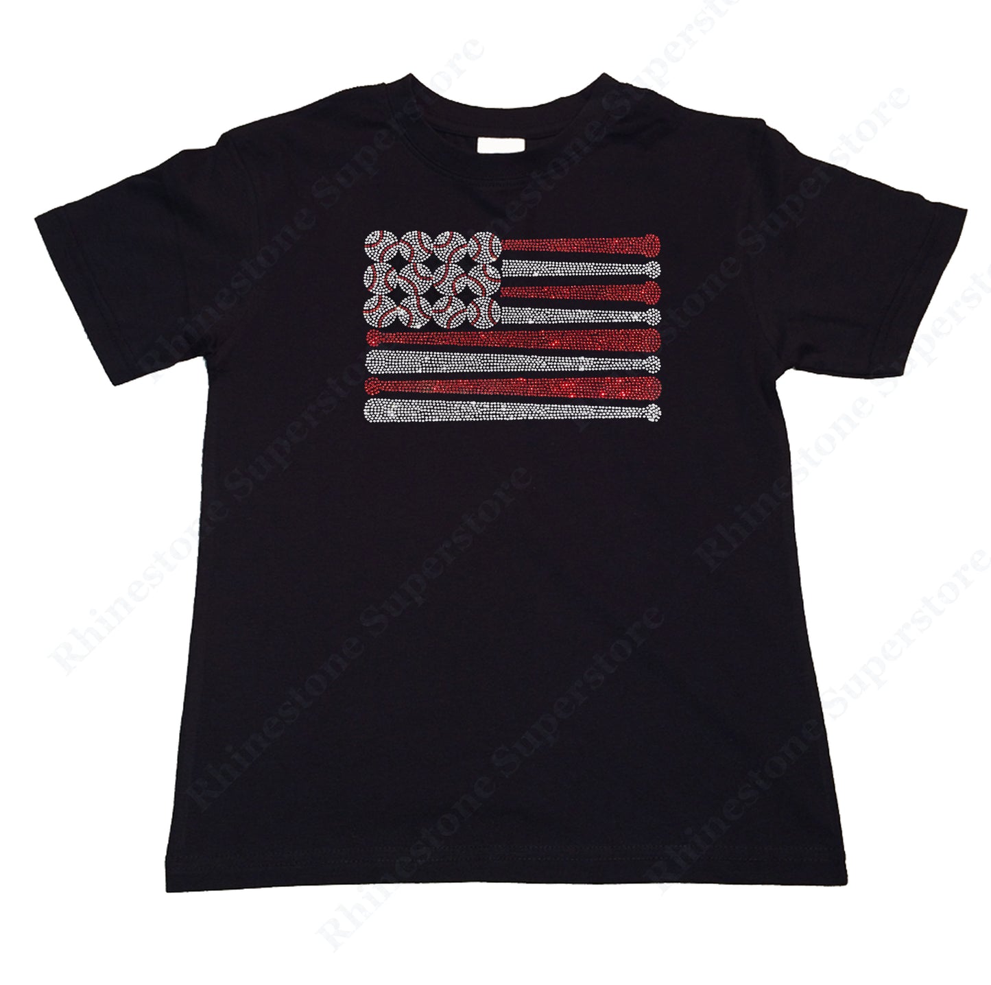 Girls Rhinestone T-Shirt " Baseball Bats & Balls Flag in Rhinestones " Kids Size 3 to 14 Available