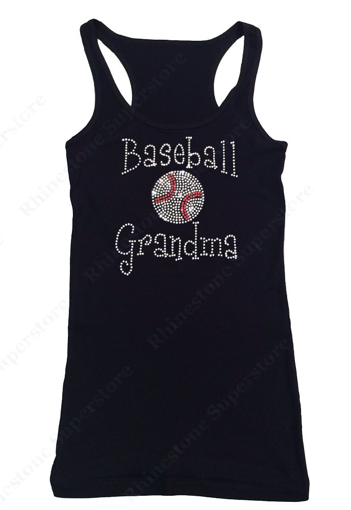 Womens T-shirt with Baseball Grandma in Single Line Font in Rhinestones
