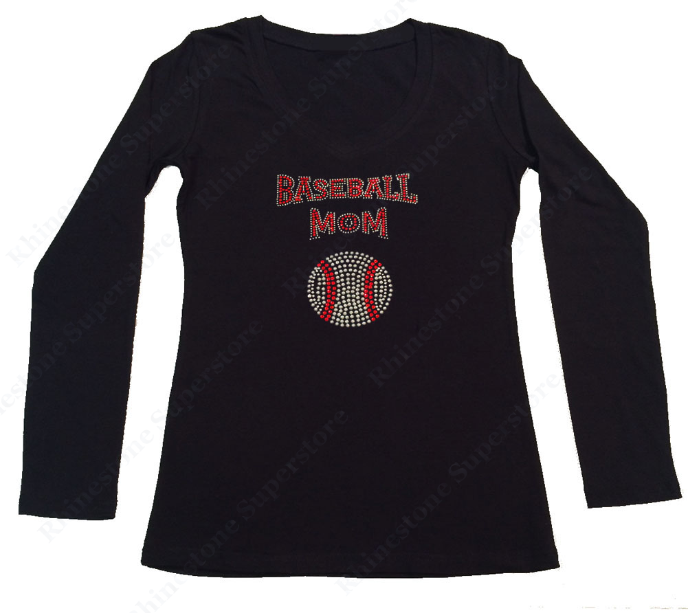 Womens T-shirt with Red Baseball Mom in Rhinestones