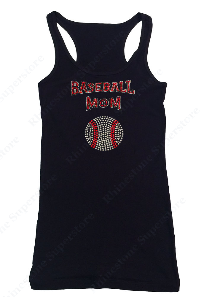 Womens T-shirt with Red Baseball Mom in Rhinestones