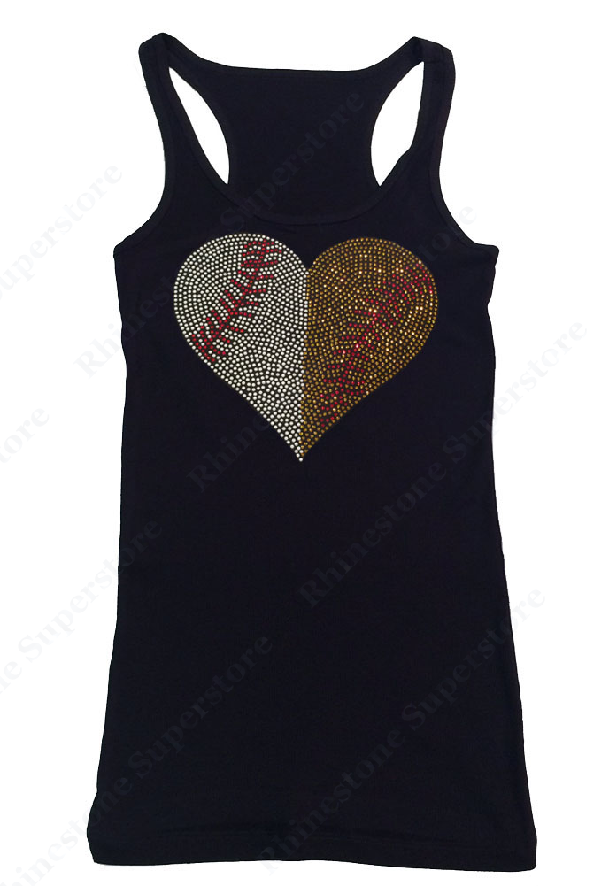 Womens T-shirt with Baseball Softball Heart in Rhinestones