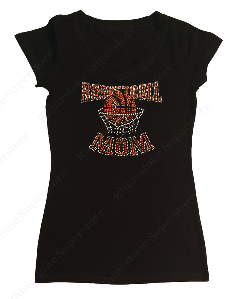 Womens T-shirt with Basketball Mom in Rhinestones