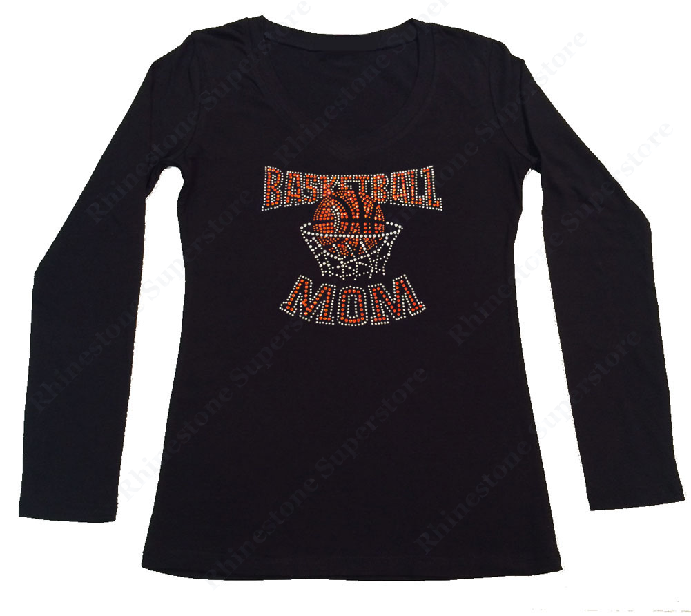 Womens T-shirt with Basketball Mom in Rhinestones