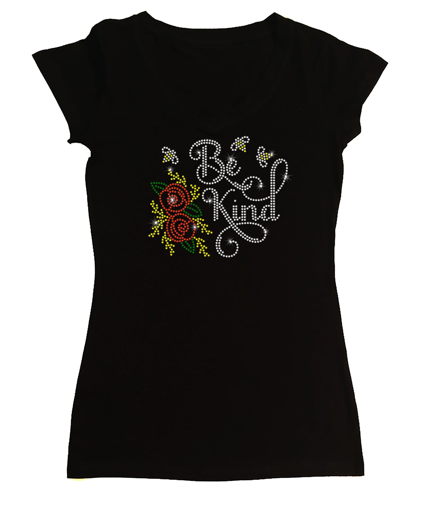 Women's Rhinestone Fitted Tight Snug Be Kind with Red Rose & Bees - Rhinestone Shirt