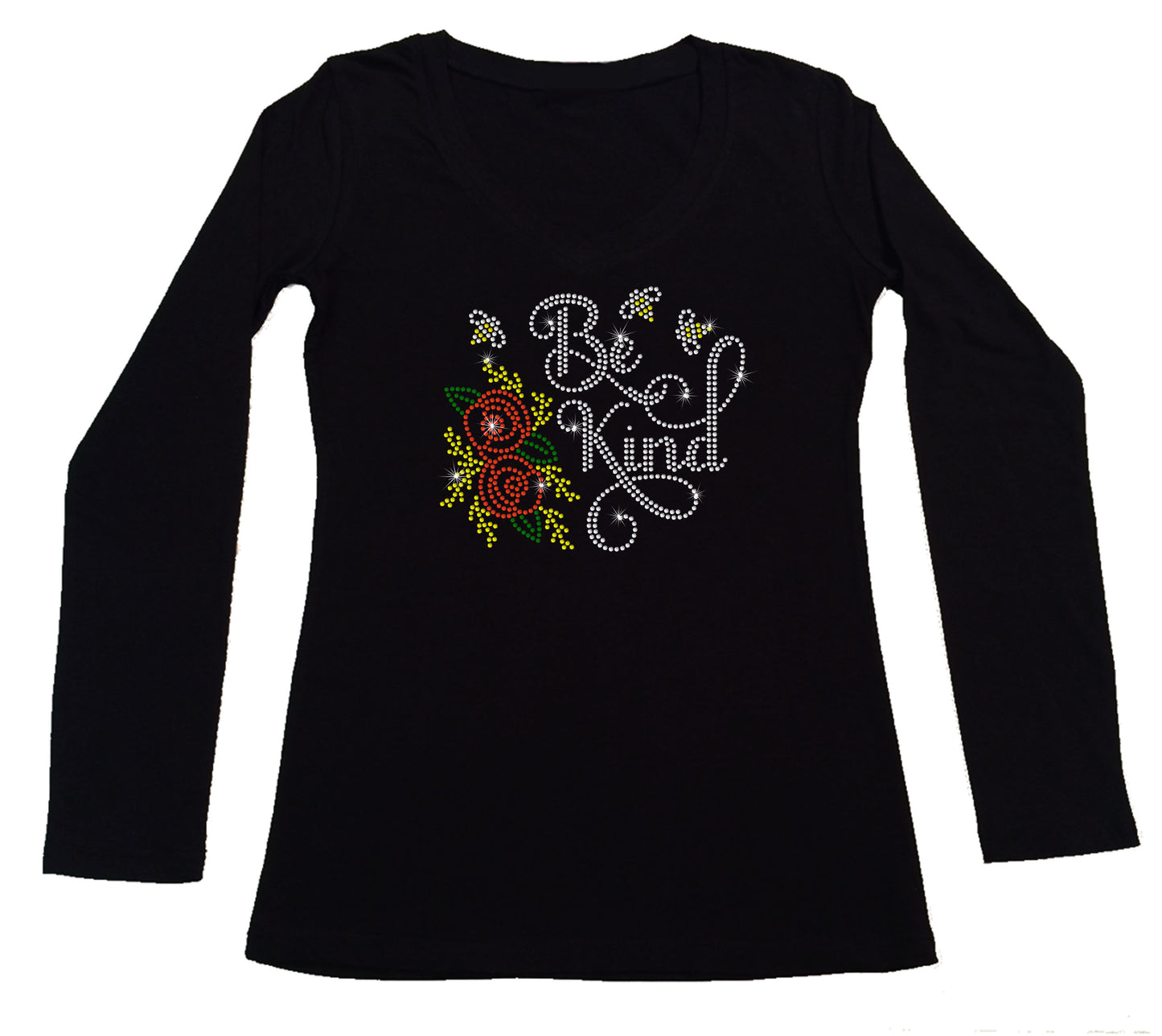 Women's Rhinestone Fitted Tight Snug Be Kind with Red Rose & Bees - Rhinestone Shirt
