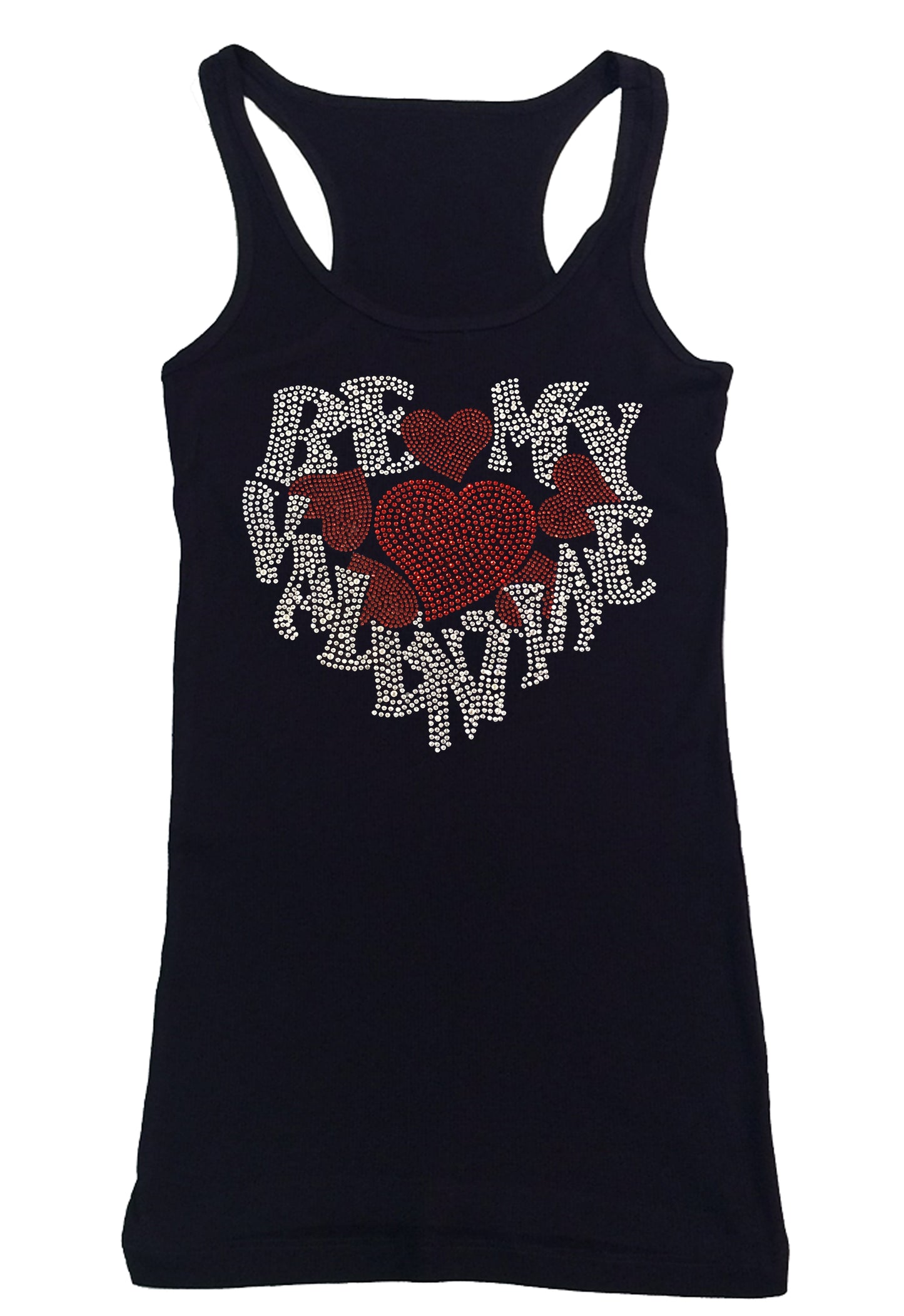 Womens T-shirt with Be My Valentine with Red Hearts in Rhinestones