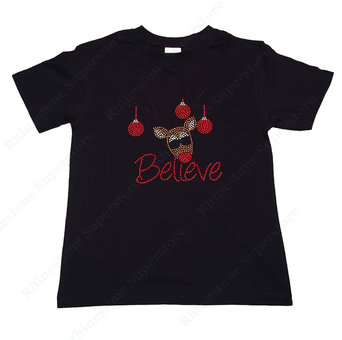 Girls Rhinestud T-Shirt " Believe Reindeer " Kids Size 3 to 14 Available