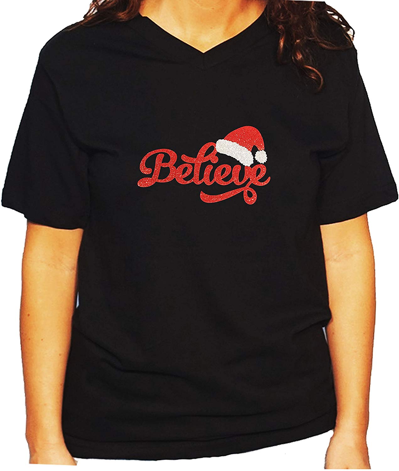 Women's / Unisex T-Shirt with Believe with Santa Hat in Glitters
