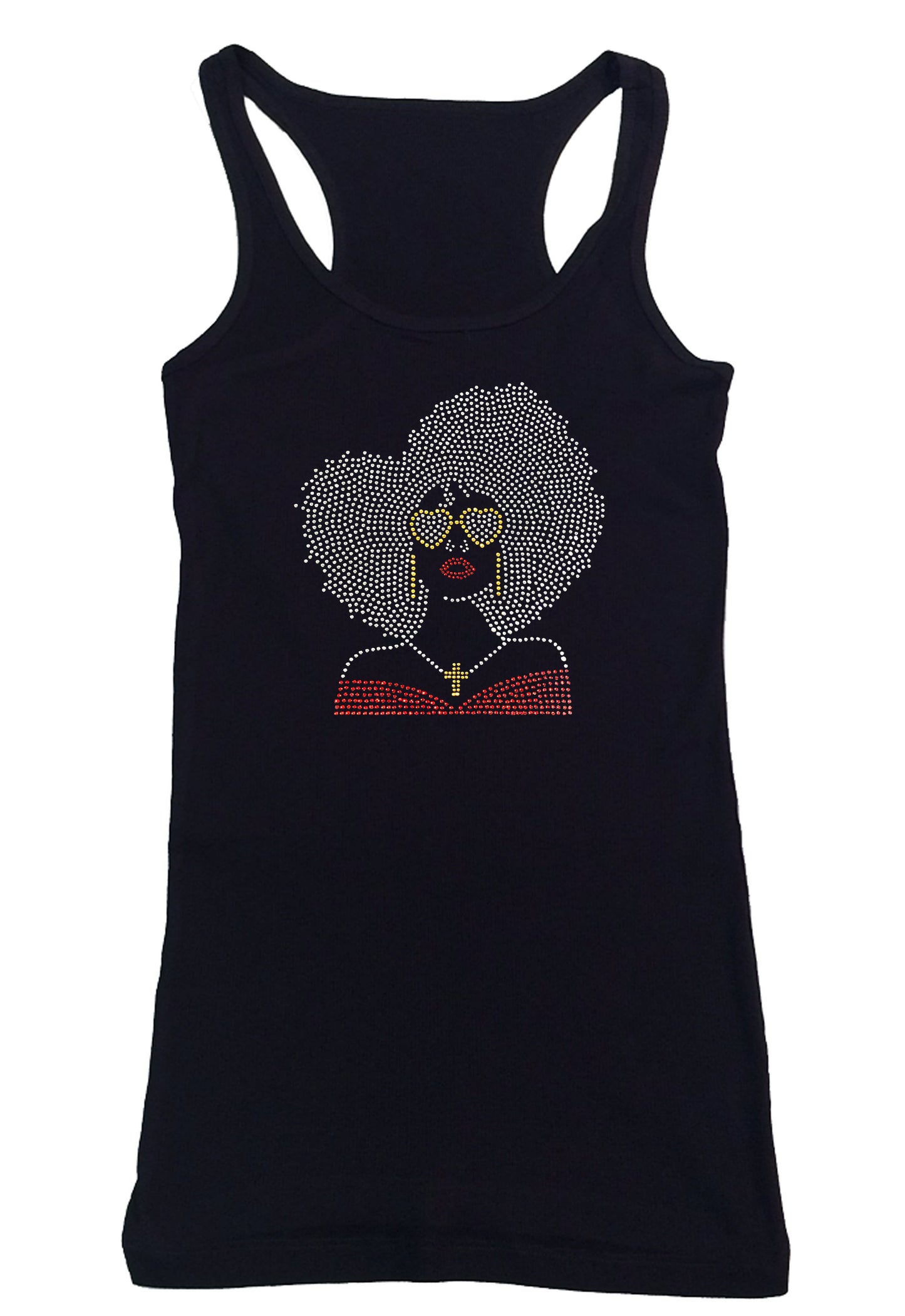 Womens T-shirt with Big Hair Girl with Glasses in Rhinestones