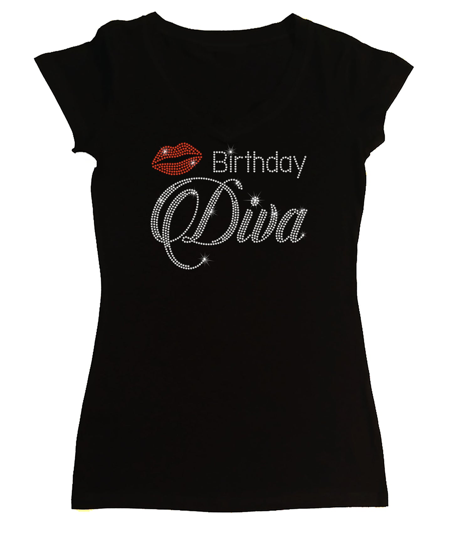 Women's Rhinestone Fitted Tight Snug Birthday Diva with Red Lips - Rhinestone Birthday Shirt