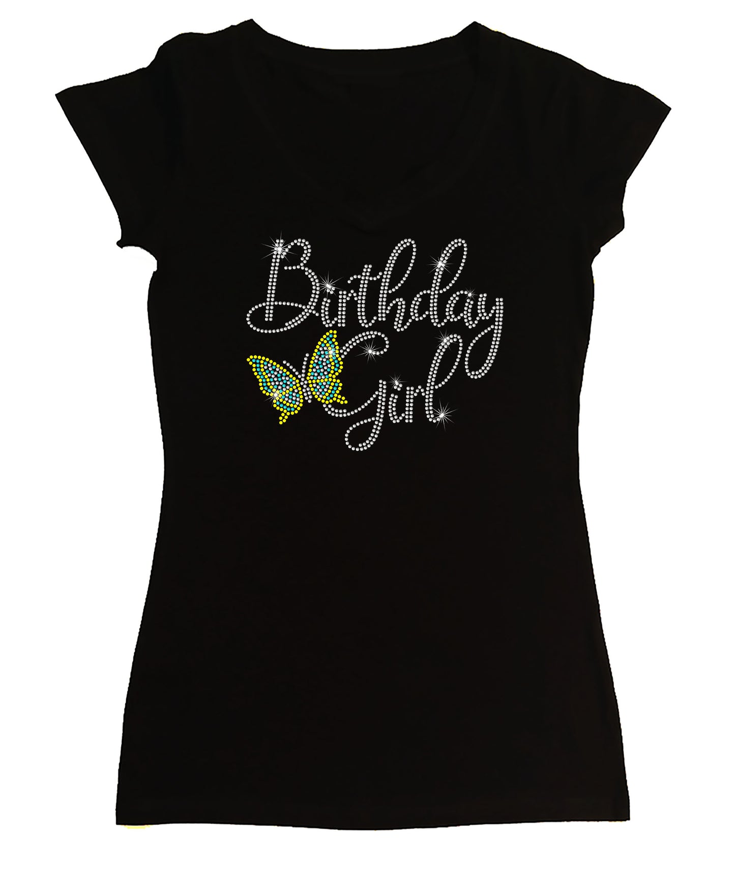 Women's Rhinestone Fitted Tight Snug Birthday Girl with Butterfly - Rhinestone Birthday Shirt