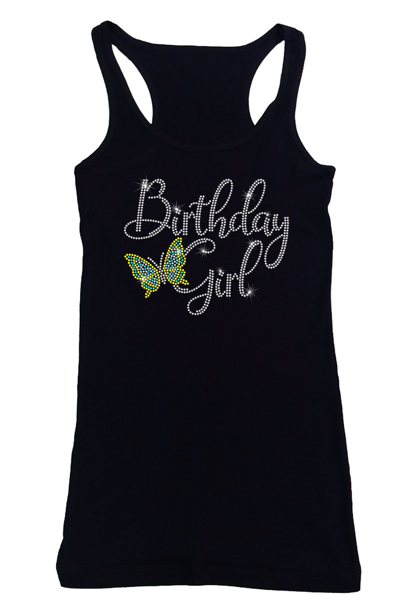 Women's Rhinestone Fitted Tight Snug Birthday Girl with Butterfly - Rhinestone Birthday Shirt