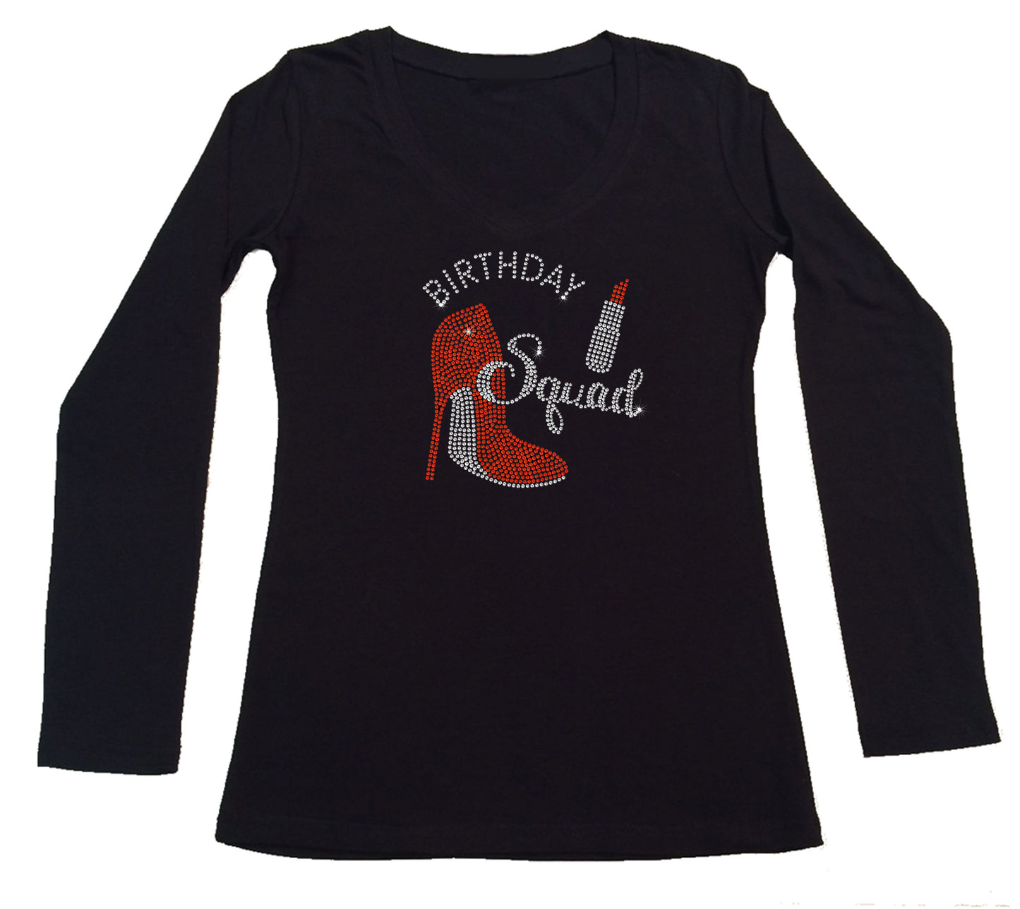 Womens T-shirt with Birthday Squad Heel Lipstick in Rhinestones
