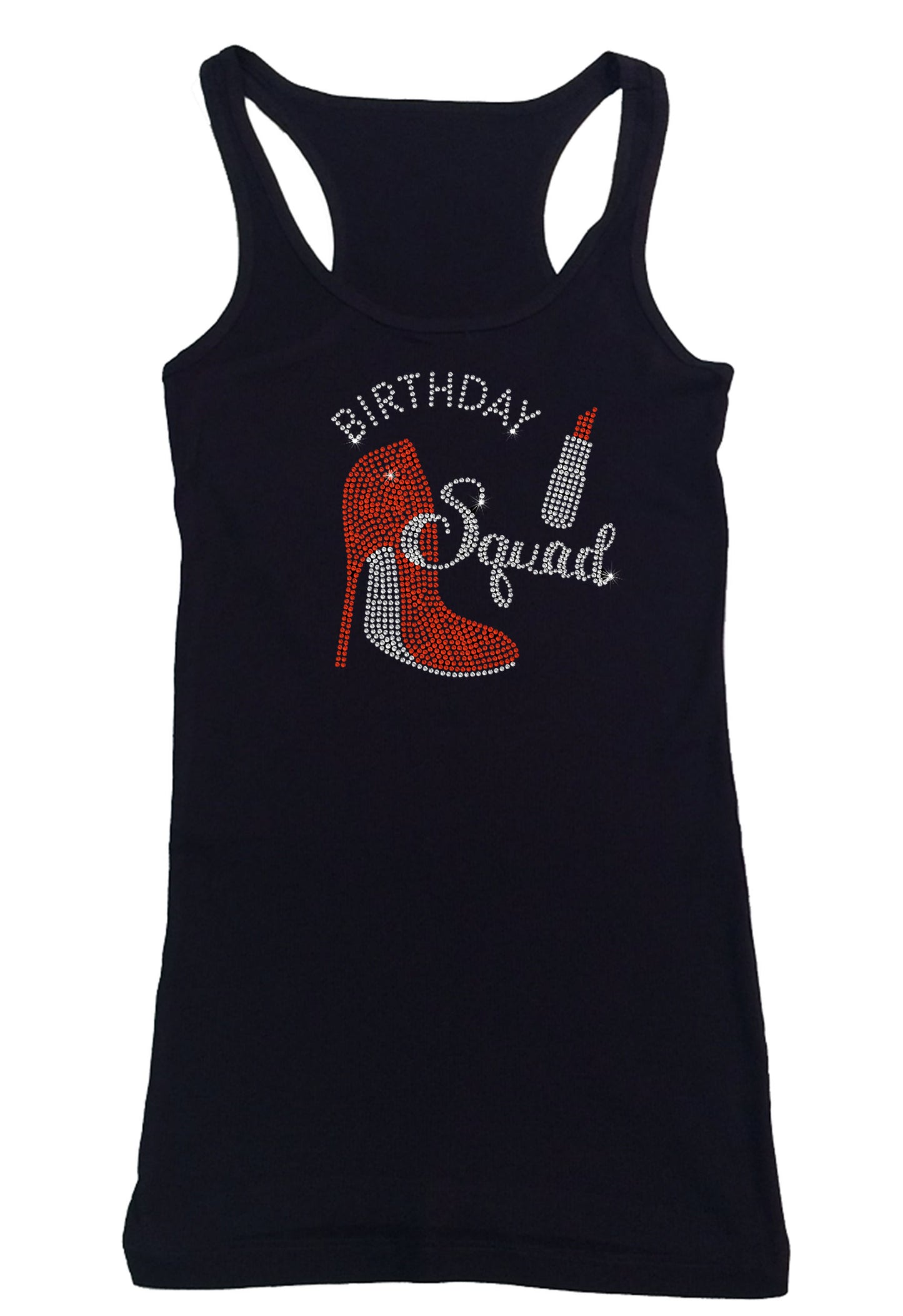 Womens T-shirt with Birthday Squad Heel Lipstick in Rhinestones