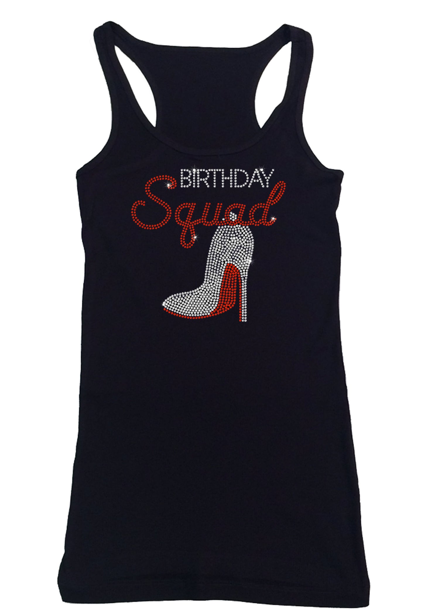 Womens T-shirt with Birthday Squad w/ Heel in Rhinestones