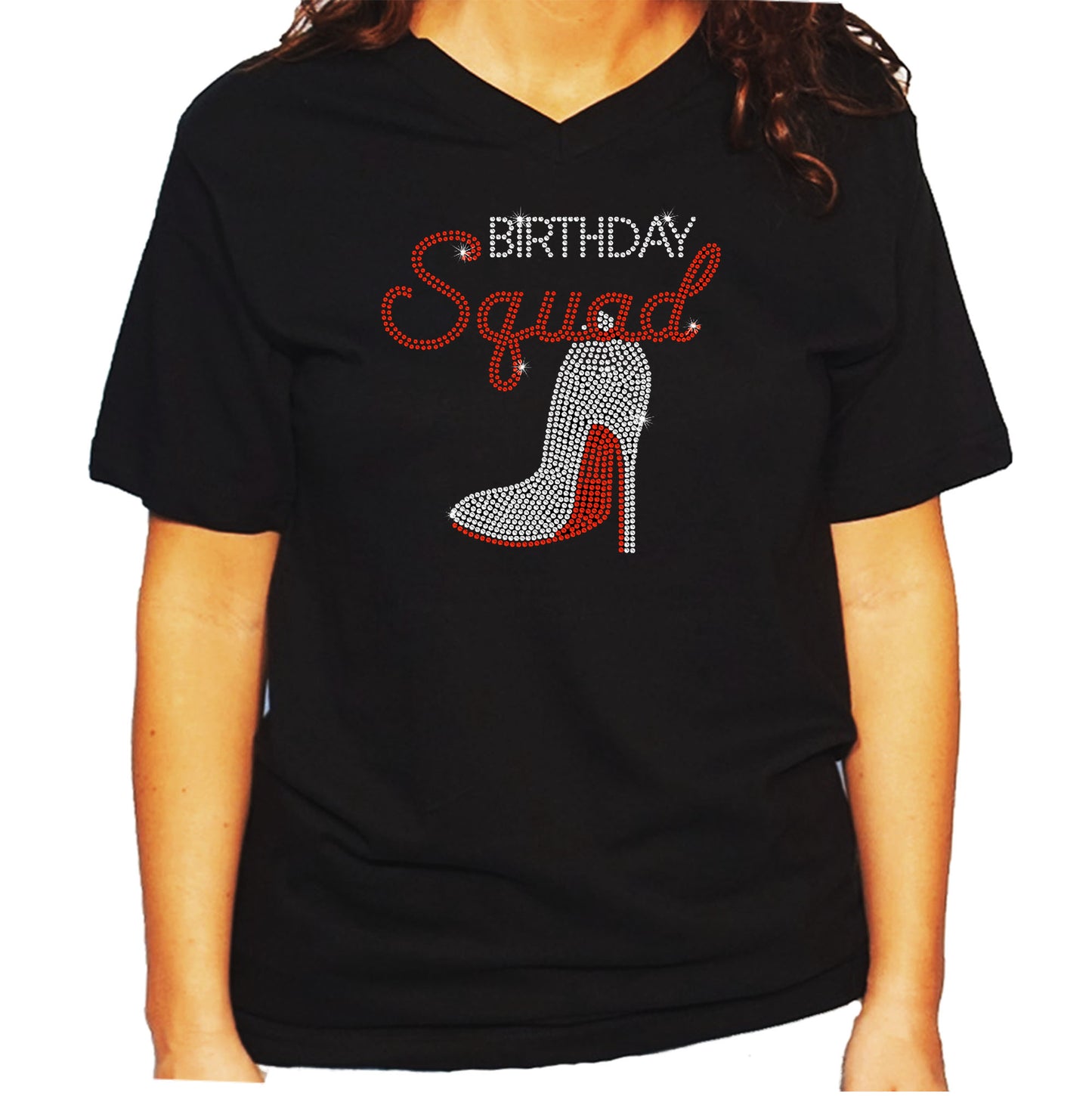 Women's / Unisex T-Shirt with Birthday Squad w Heel in Rhinestones
