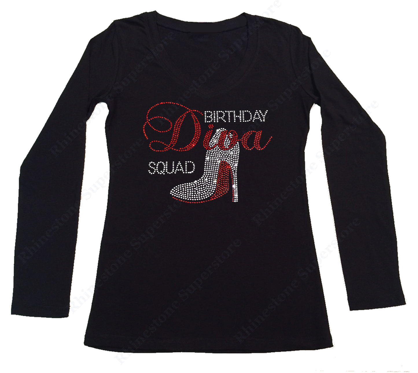 Womens T-shirt with Birthday Diva Squad with Heel in Rhinestones