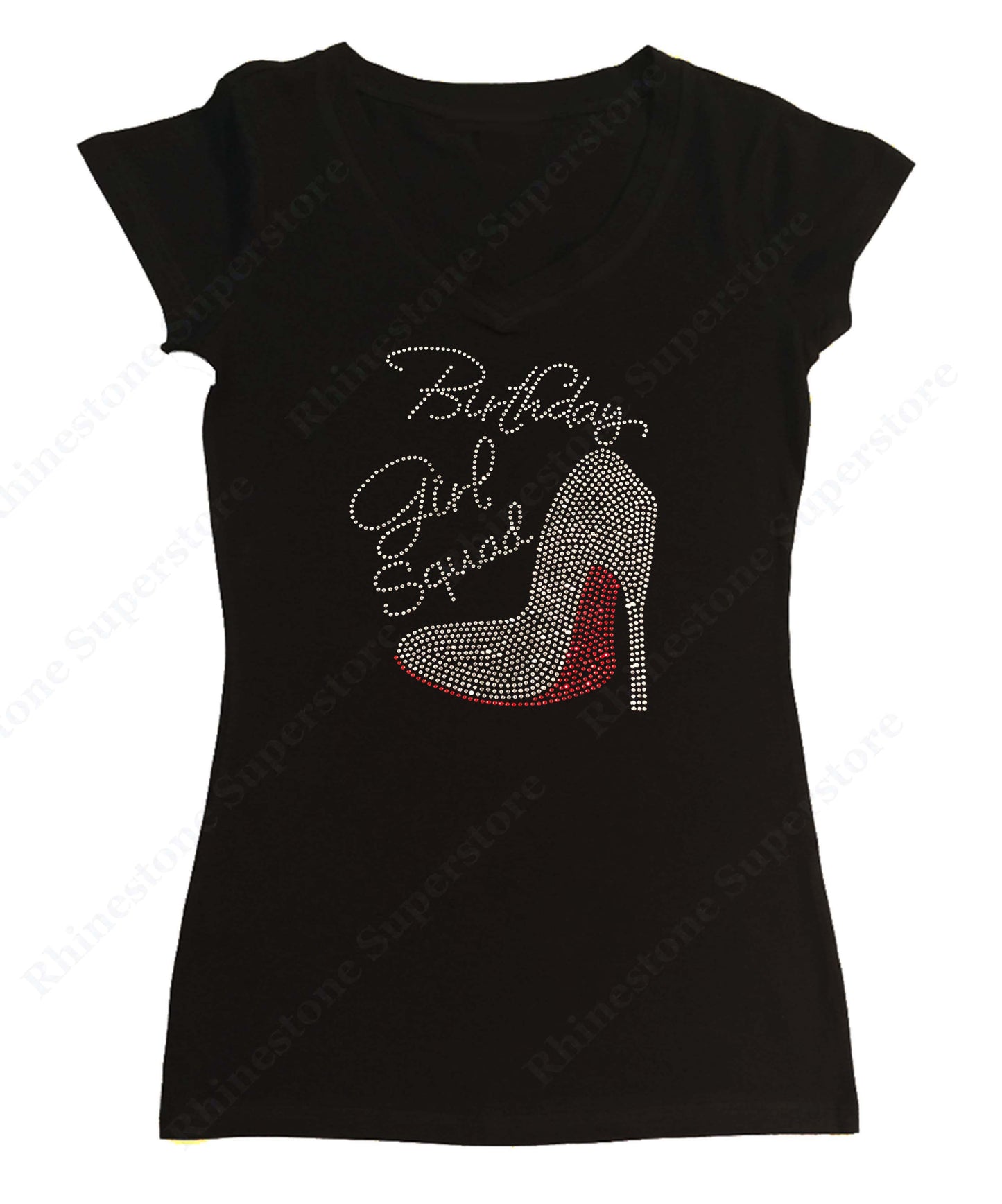 Womens T-shirt with Birthday Girl Squad with Heel in Rhinestones