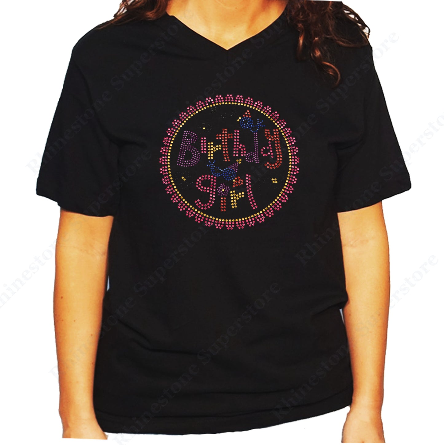 Women's / Unisex T-Shirt with Birthday Girl with Circle in Rhinestuds