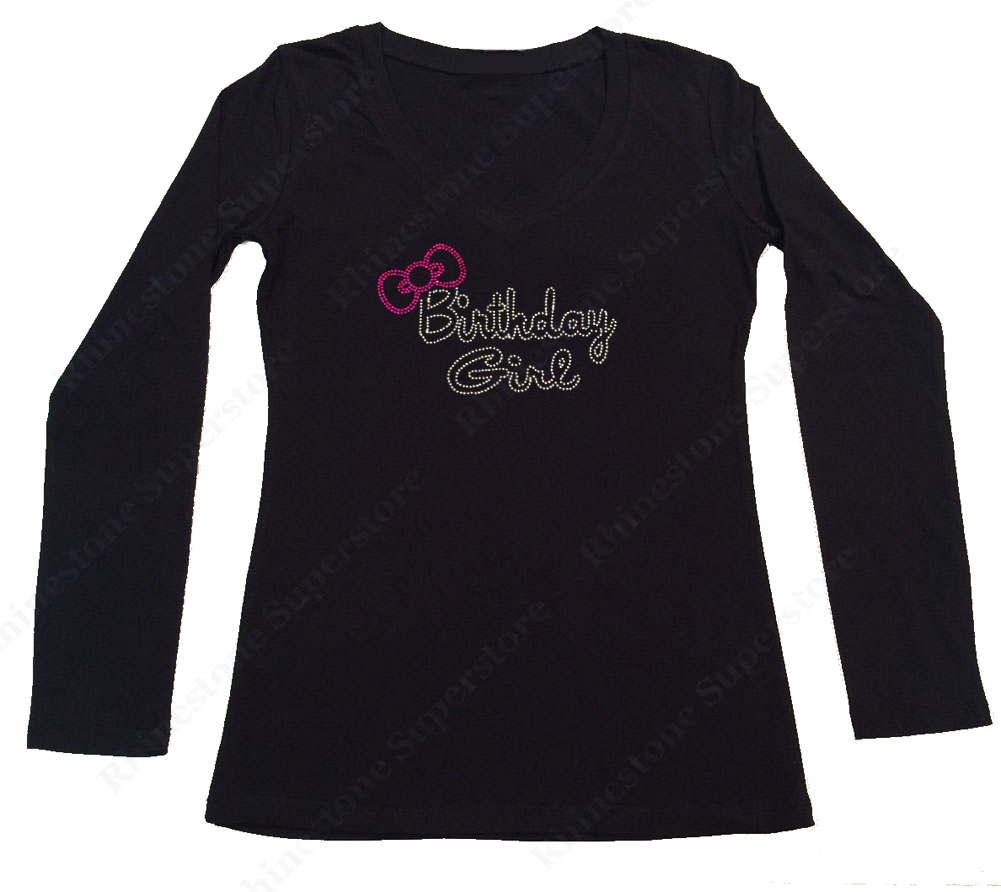 Womens T-shirt with Birthday Girl with Pink Bow in Rhinestones