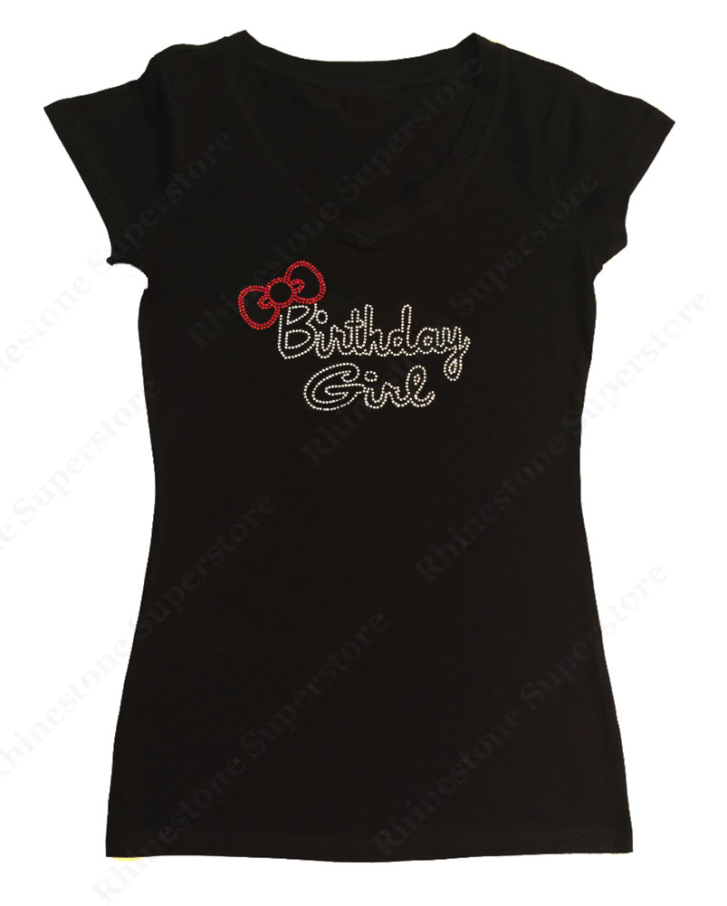 Womens T-shirt with Birthday Girl with Red Bow in Rhinestones