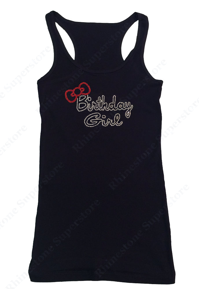 Womens T-shirt with Birthday Girl with Red Bow in Rhinestones