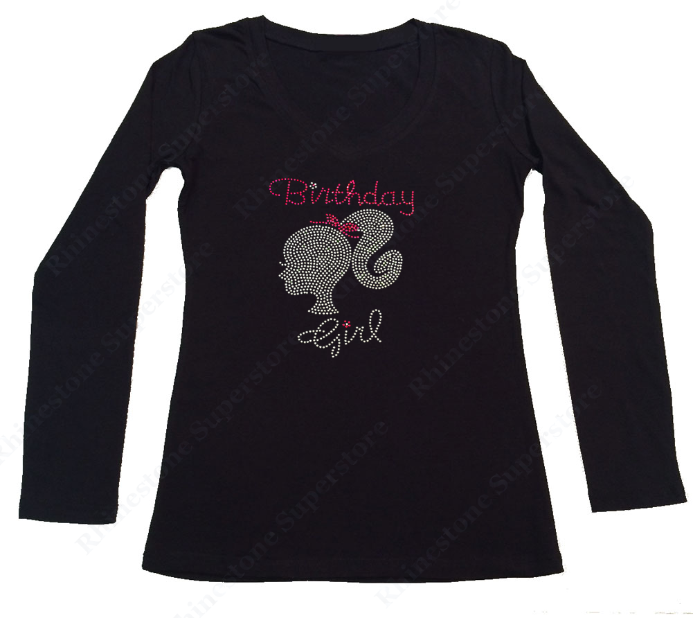 Womens T-shirt with Birthday Girl with Silhouette in Rhinestones