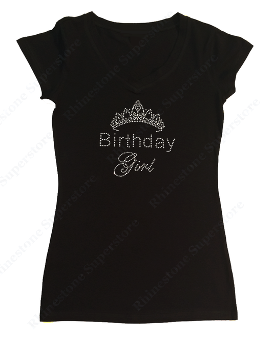 Womens T-shirt with Birthday Girl with Tiara in Rhinestones
