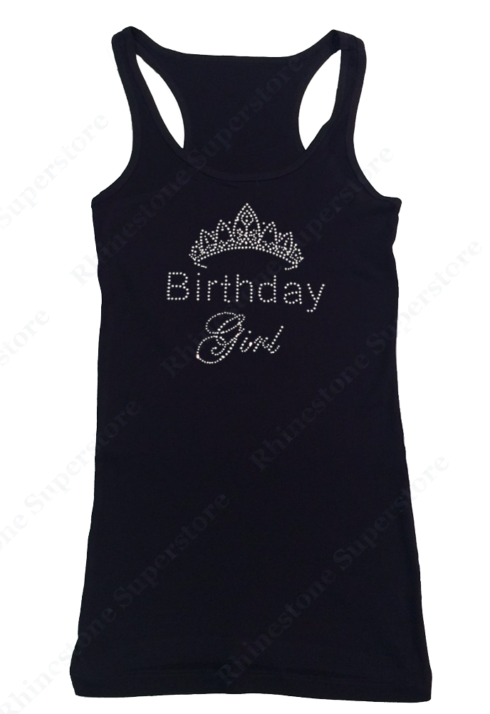 Womens T-shirt with Birthday Girl with Tiara in Rhinestones