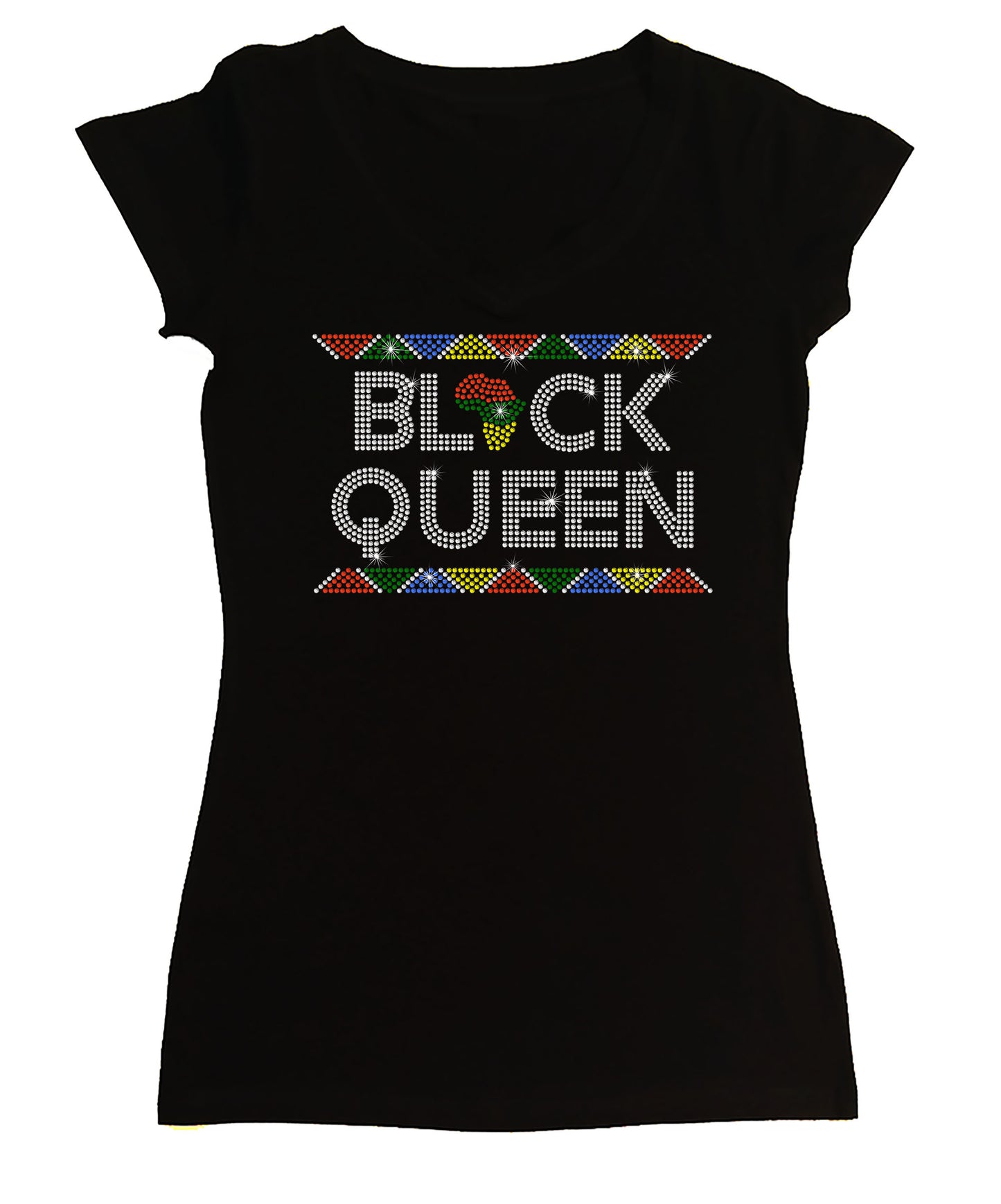 Women's Rhinestone Fitted Tight Snug Black Queen - in African Colors Border Rhinestone Shirt