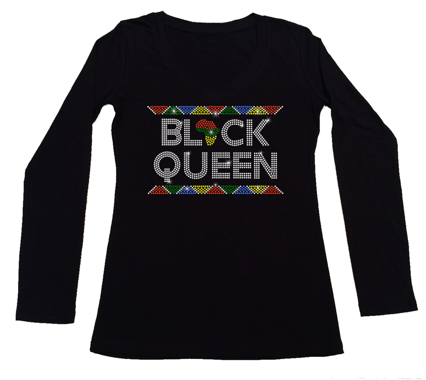 Women's Rhinestone Fitted Tight Snug Black Queen - in African Colors Border Rhinestone Shirt