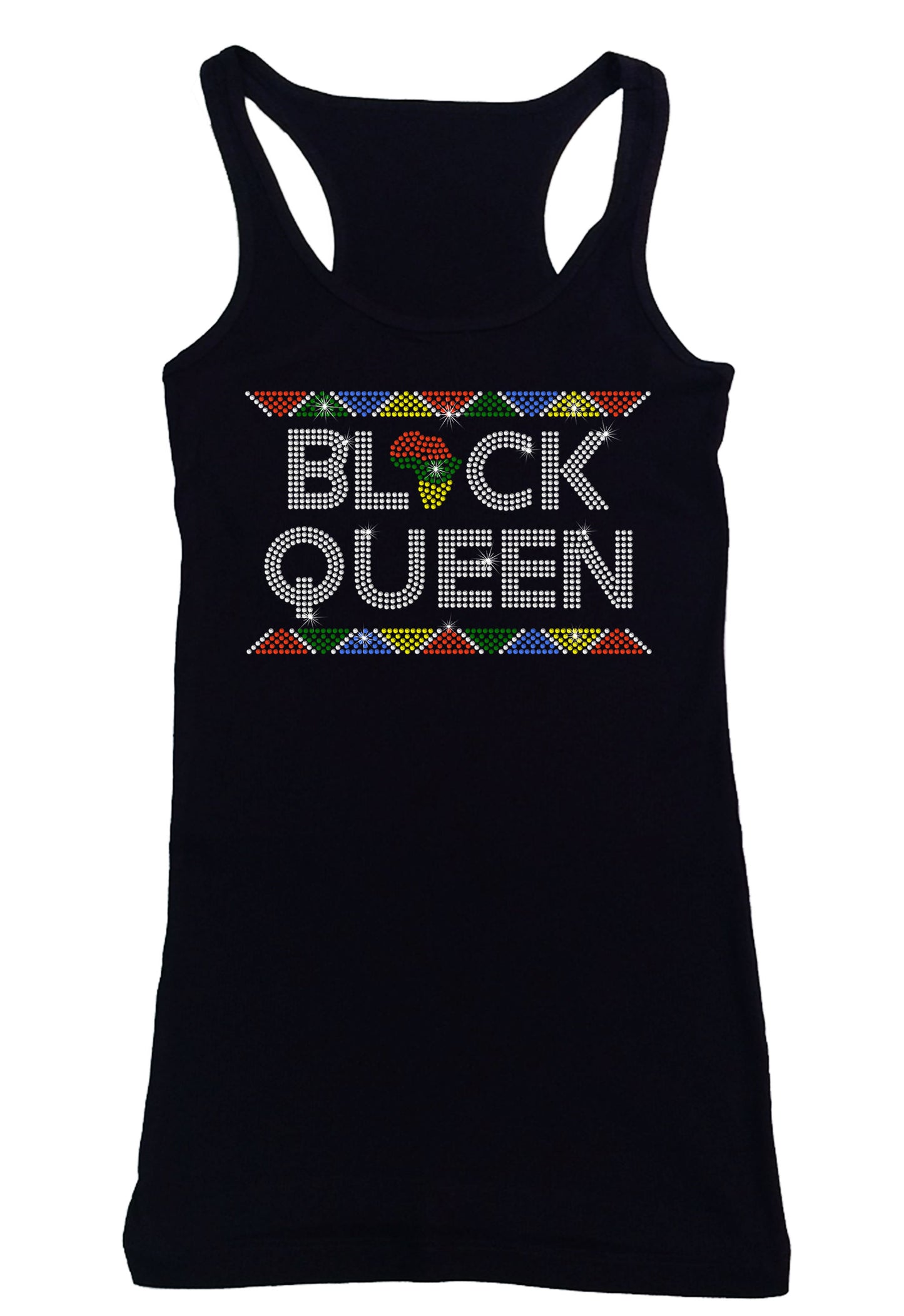 Women's Rhinestone Fitted Tight Snug Black Queen - in African Colors Border Rhinestone Shirt