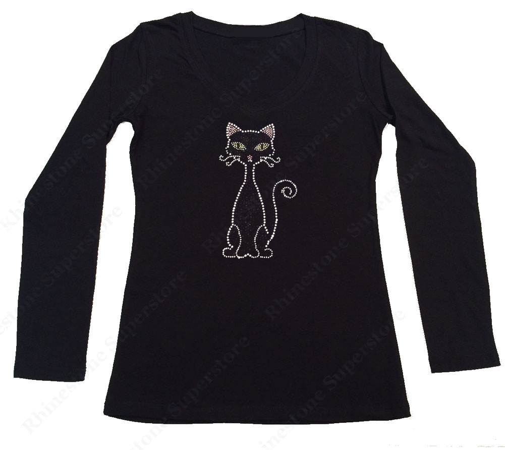 Womens T-shirt with Black Cat in Rhinestones