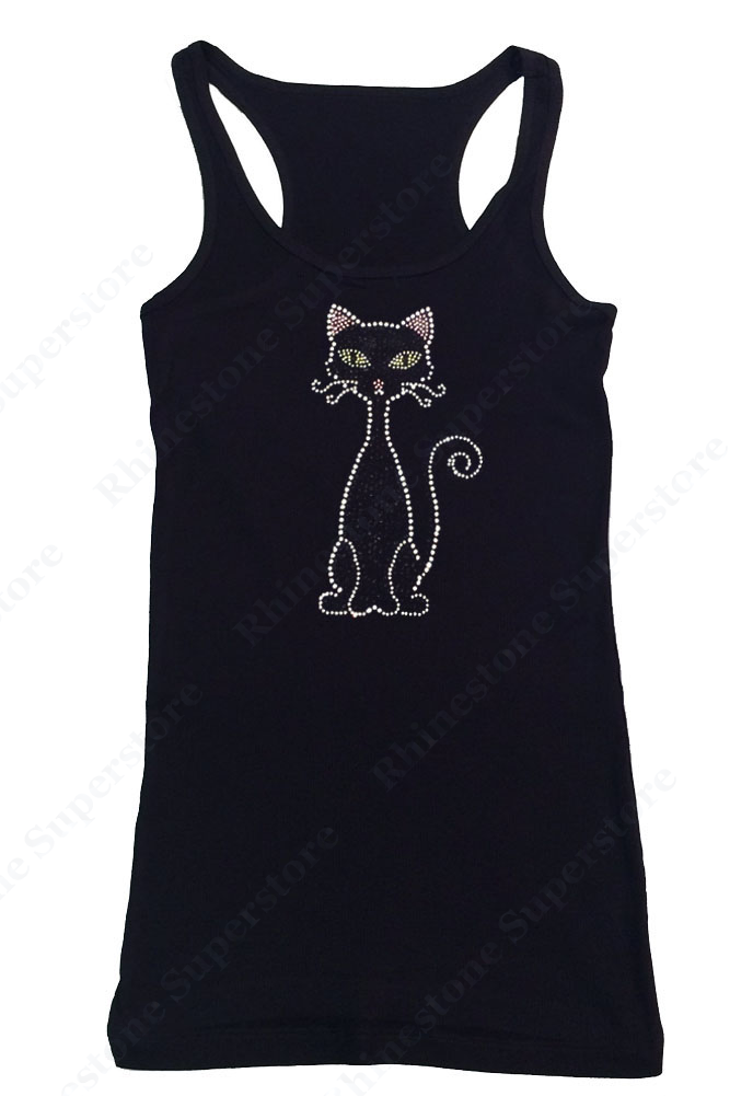 Womens T-shirt with Black Cat in Rhinestones