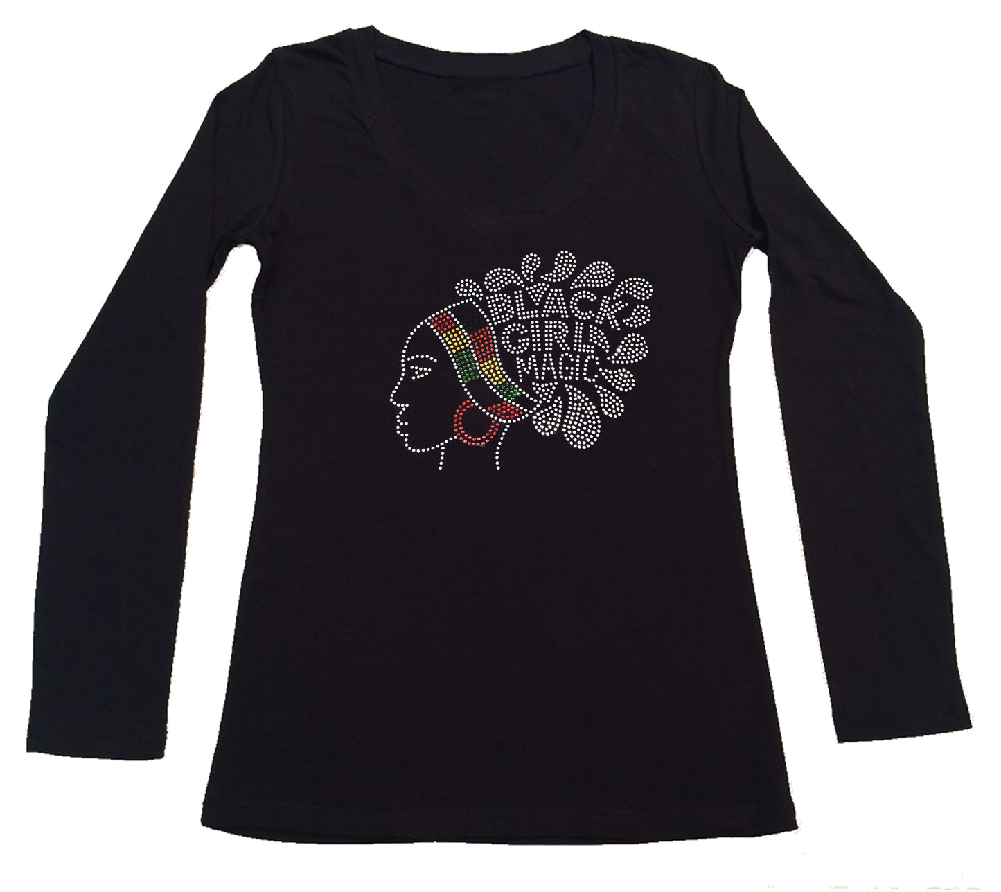 Womens T-shirt with Black Girl Magic in African Colors in Rhinestones