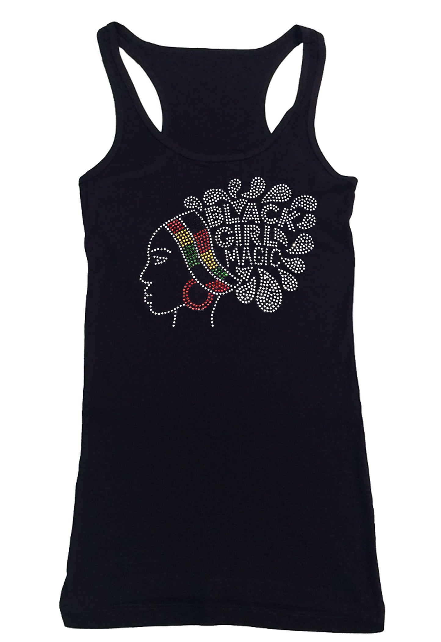 Womens T-shirt with Black Girl Magic in African Colors in Rhinestones