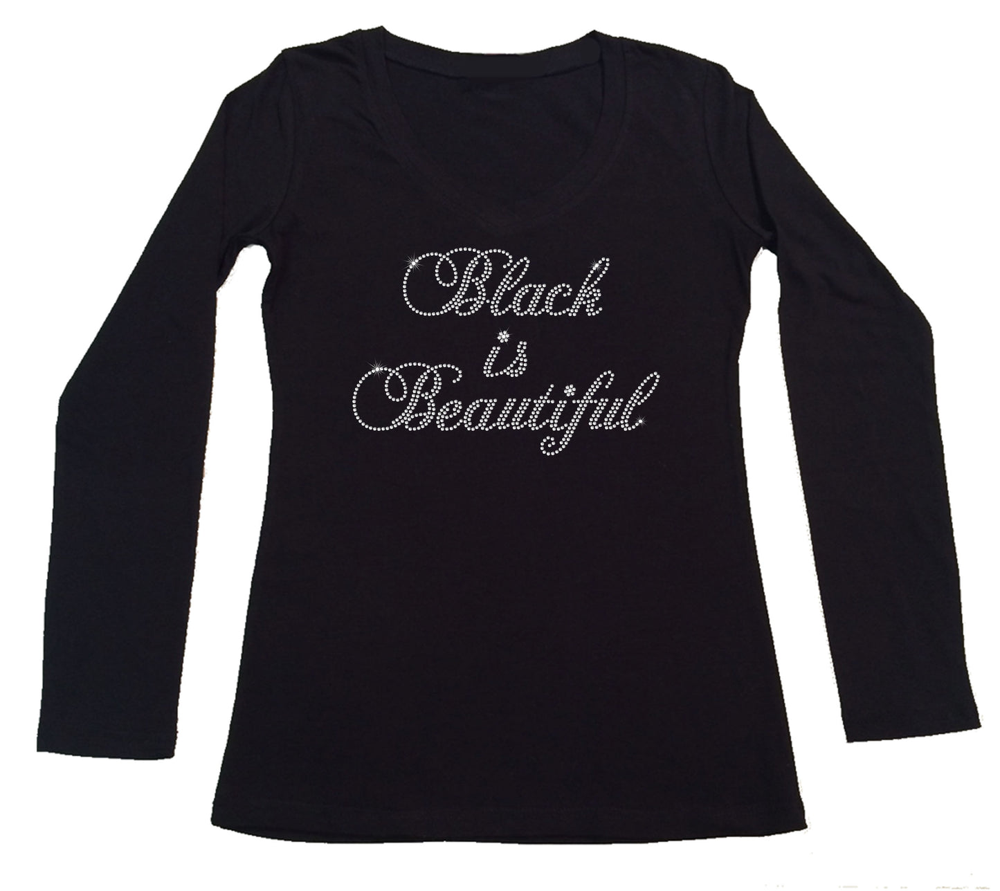 Womens T-shirt with Black is Beautiful Script in Rhinestones