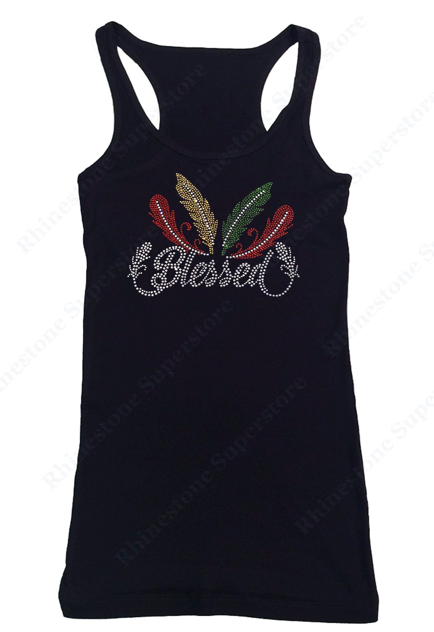 Womens T-shirt with Blessed with Colorful Feathers in Rhinestones