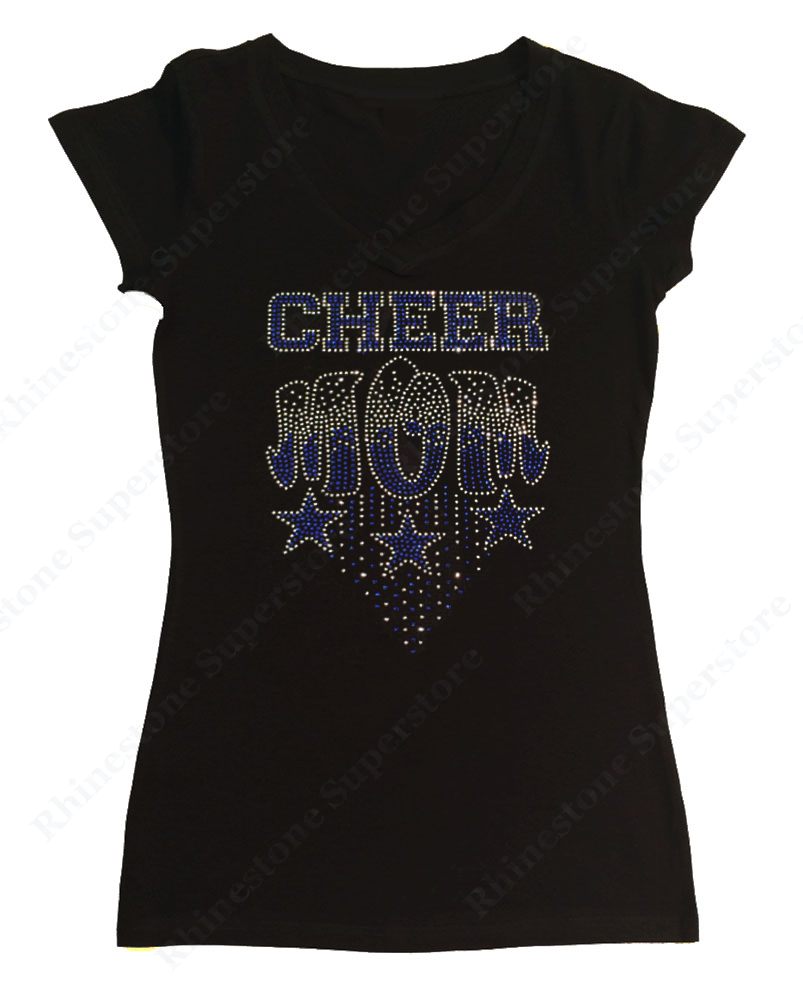 Womens T-shirt with Blue Cheer Mom with Stars in Rhinestones