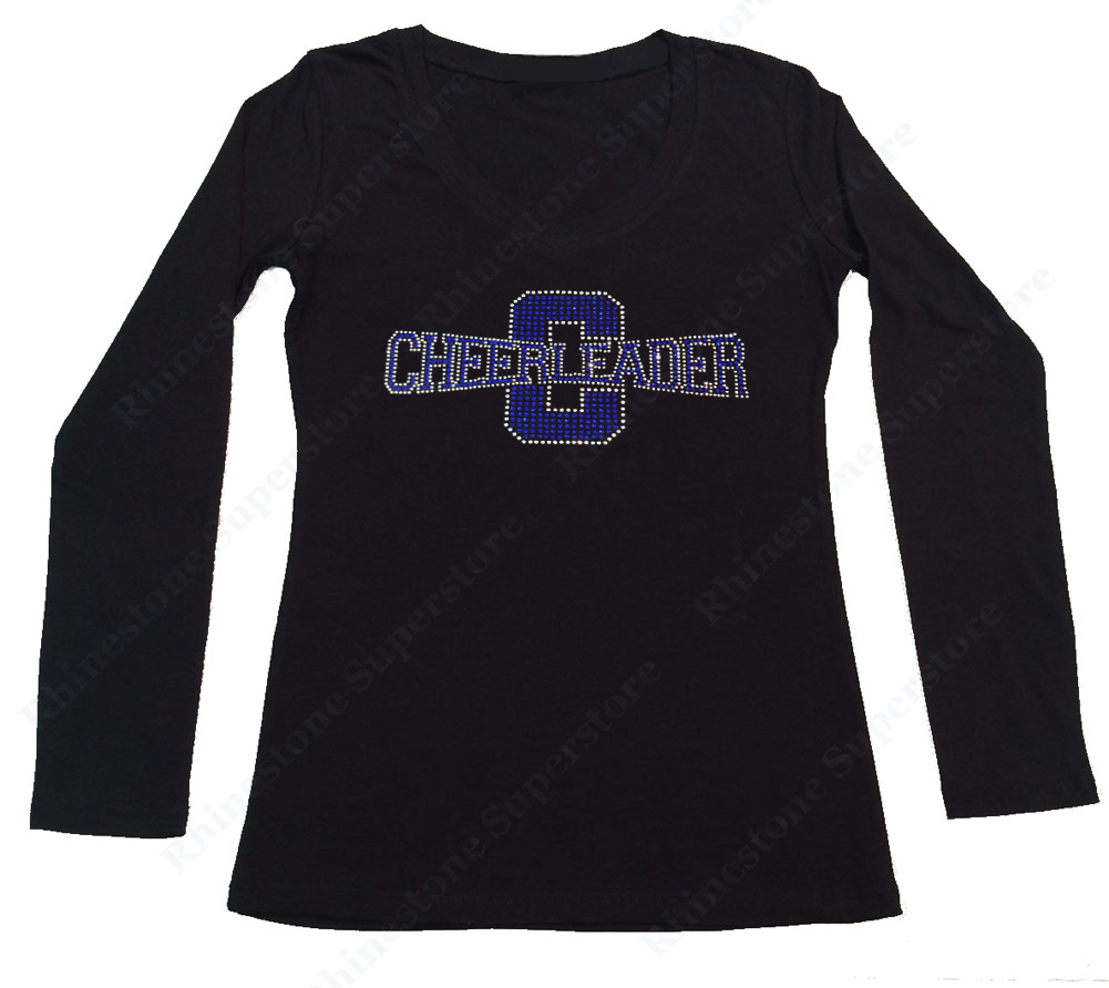 Womens T-shirt with Blue Cheerleader in Rhinestones