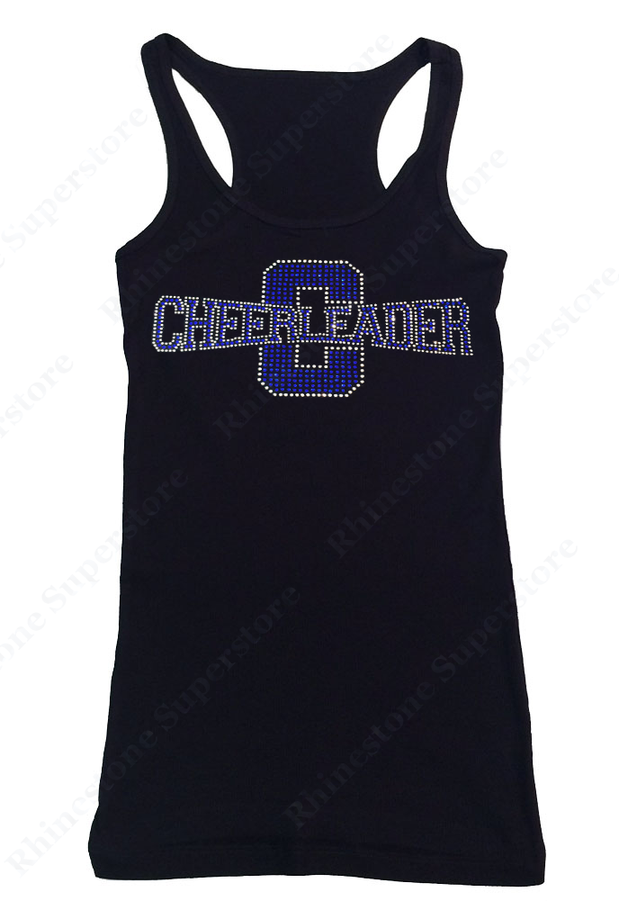 Womens T-shirt with Blue Cheerleader in Rhinestones