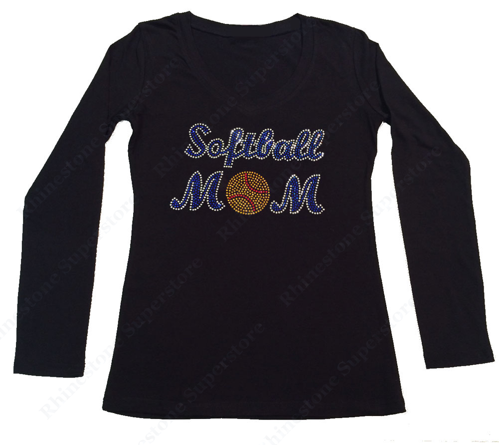 Womens T-shirt with Blue Softball Mom in Rhinestones