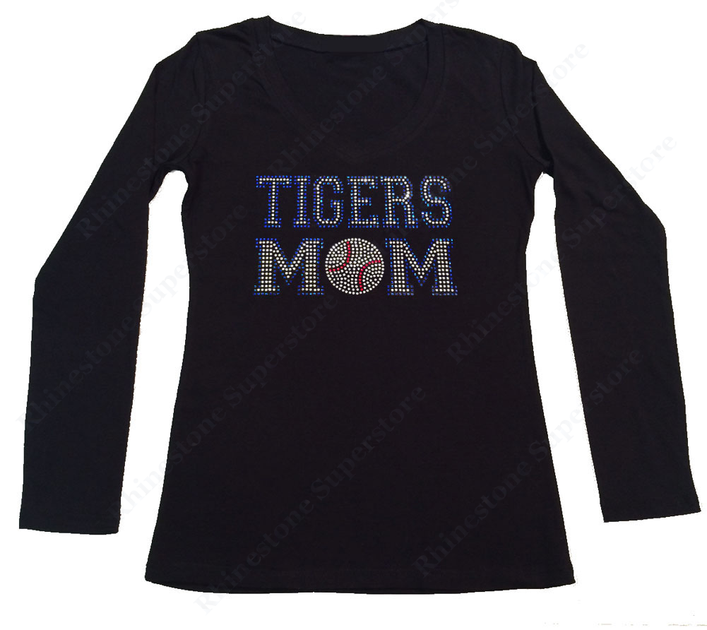 Womens T-shirt with Blue Tigers Mom in Rhinestones