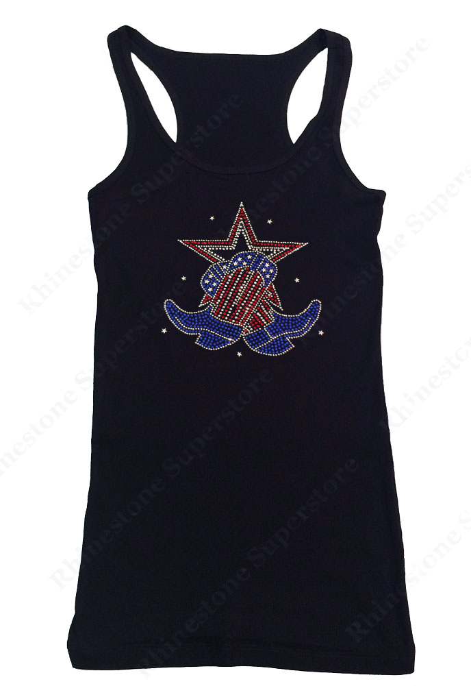 Womens T-shirt with Boots and Star 4th of July in Rhinestones