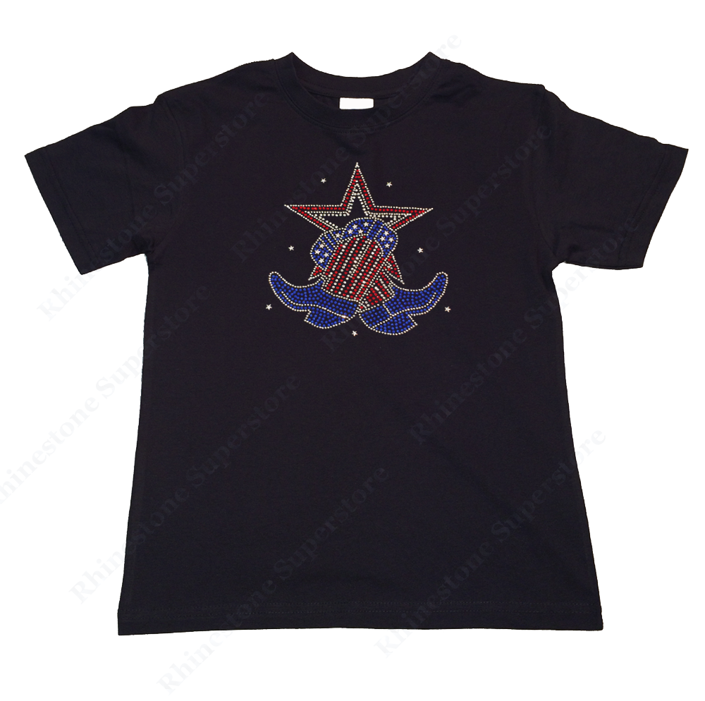 Girls Rhinestone T-Shirt " Boots and Star " Size 3 to 14 Available 4th of July