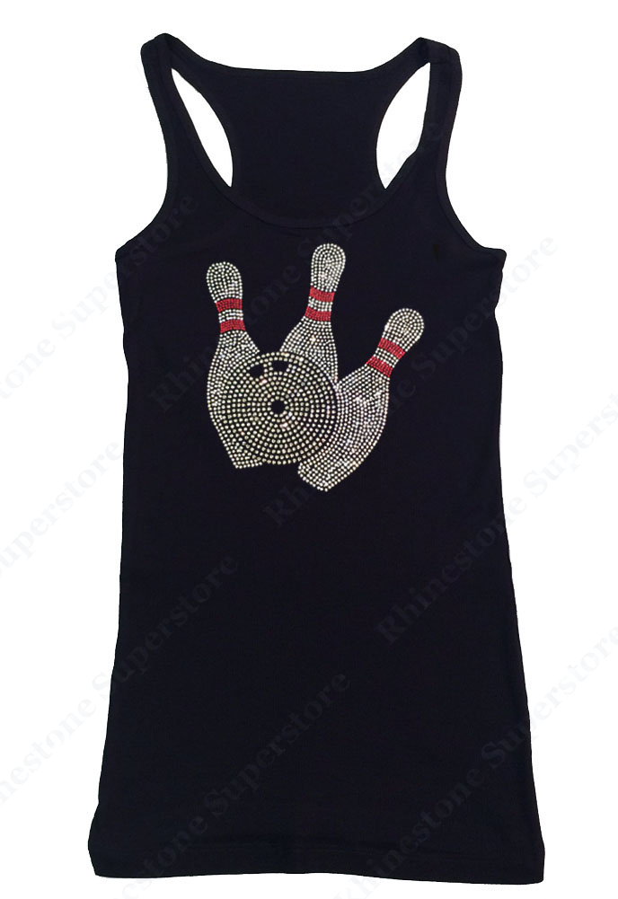 Womens T-shirt with Bowling Pins in Rhinestones