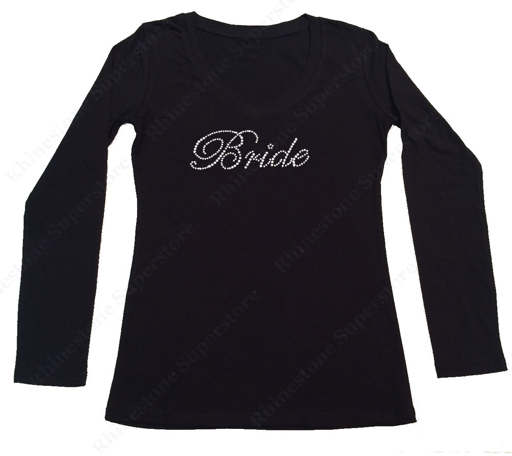 Womens T-shirt with Bride in Script in Rhinestones