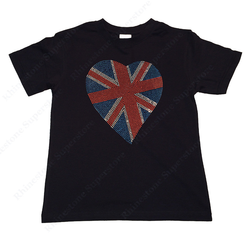 Girls Rhinestud T-Shirt " British Flag Heart " Kids Size 3 to 14 Available